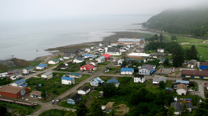 Panoramic view of Kincolith. The new CC is being built at the very end of the town.